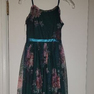 Floral Kids Dress with Blue Accents